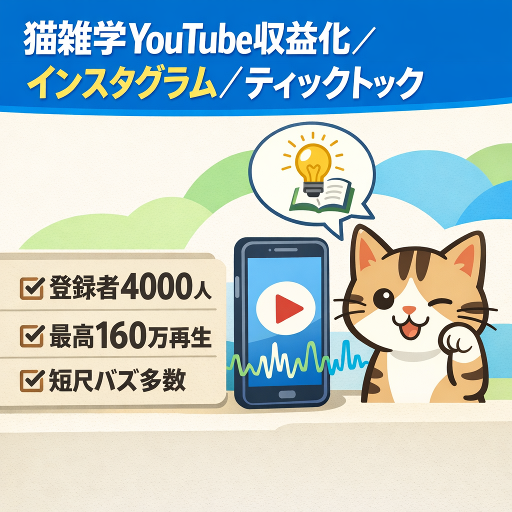 猫雑学YouTube収益化（登録者4000人）／Instagramフォロワー6000人・100万再生多数／TikTokフォロワー2.5万人・50万再生多数