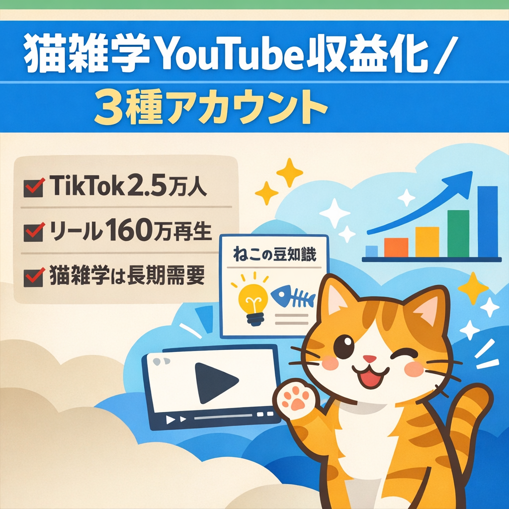 猫雑学YouTube収益化（登録者4000人）／TikTokフォロワー2.5万人・50万再生多数／Instagramフォロワー6000人・100万再生多数