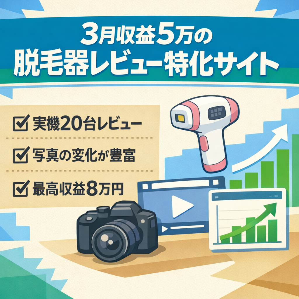 【3月収益5万】オリジナル動画充実！体験談豊富な家庭用脱毛器の特化サイト