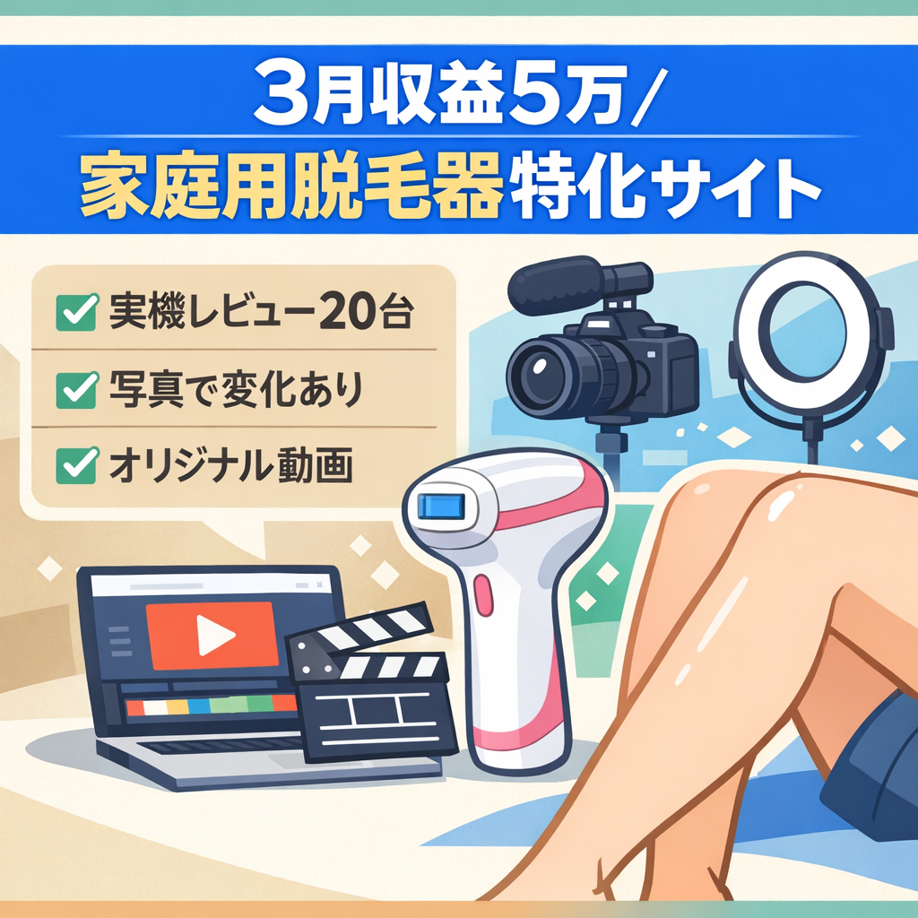 【3月収益5万】オリジナル動画充実！体験談豊富な家庭用脱毛器の特化サイト【価格交渉OK】
