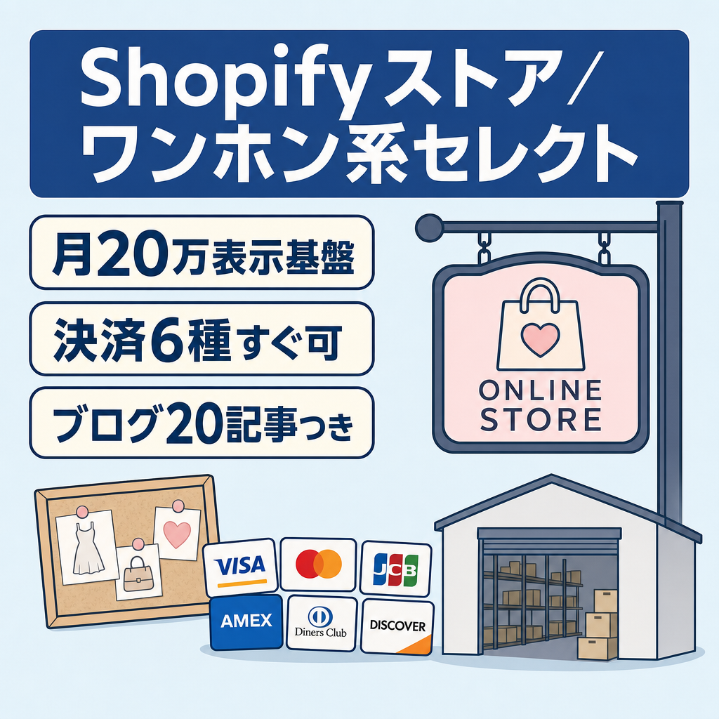 無在庫ワンホン系セレクトショップ／ Shopify構築済み・決済6種類対応・Pinterest 月20万imp・SEOブログ20記事完備