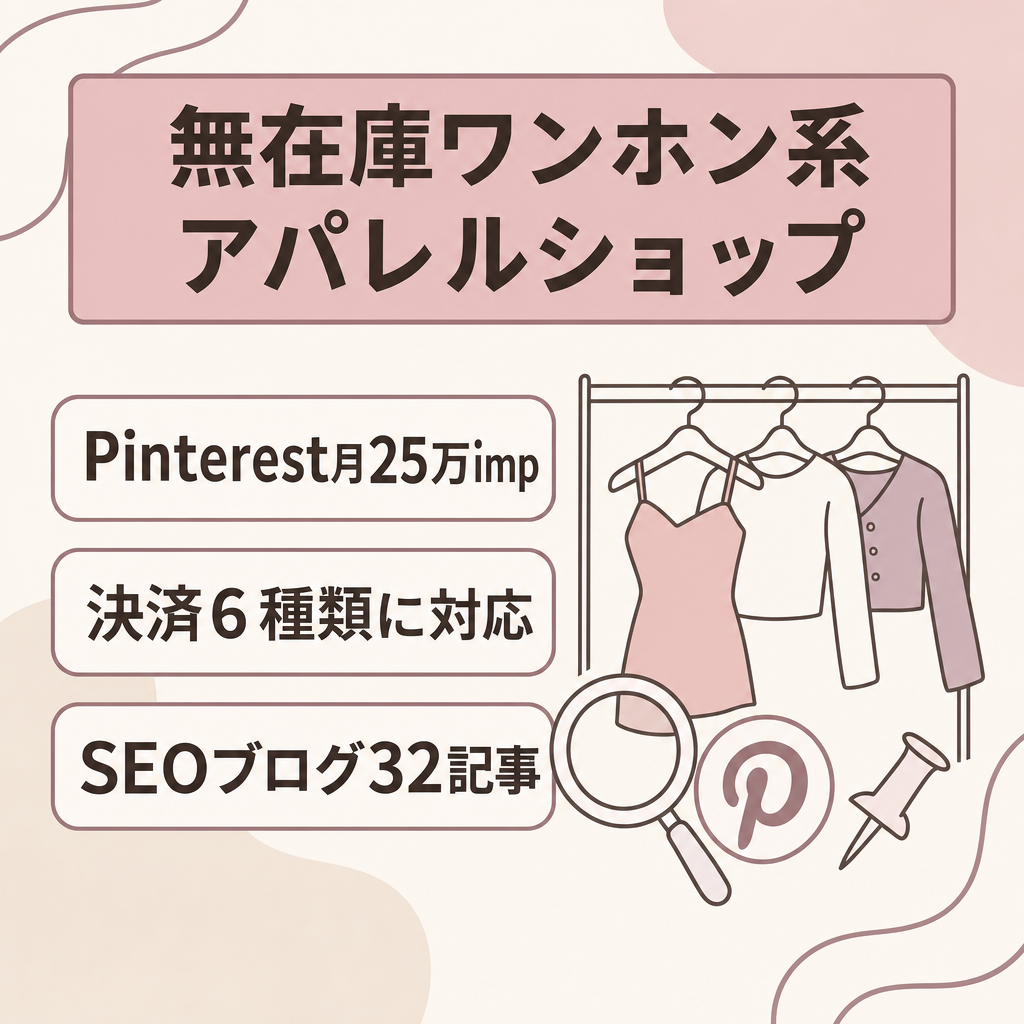 無在庫ワンホン系アパレルセレクトショップ／ Shopify構築済み・決済6種類対応・Pinterest 月25万imp・SEOブログ32記事完備