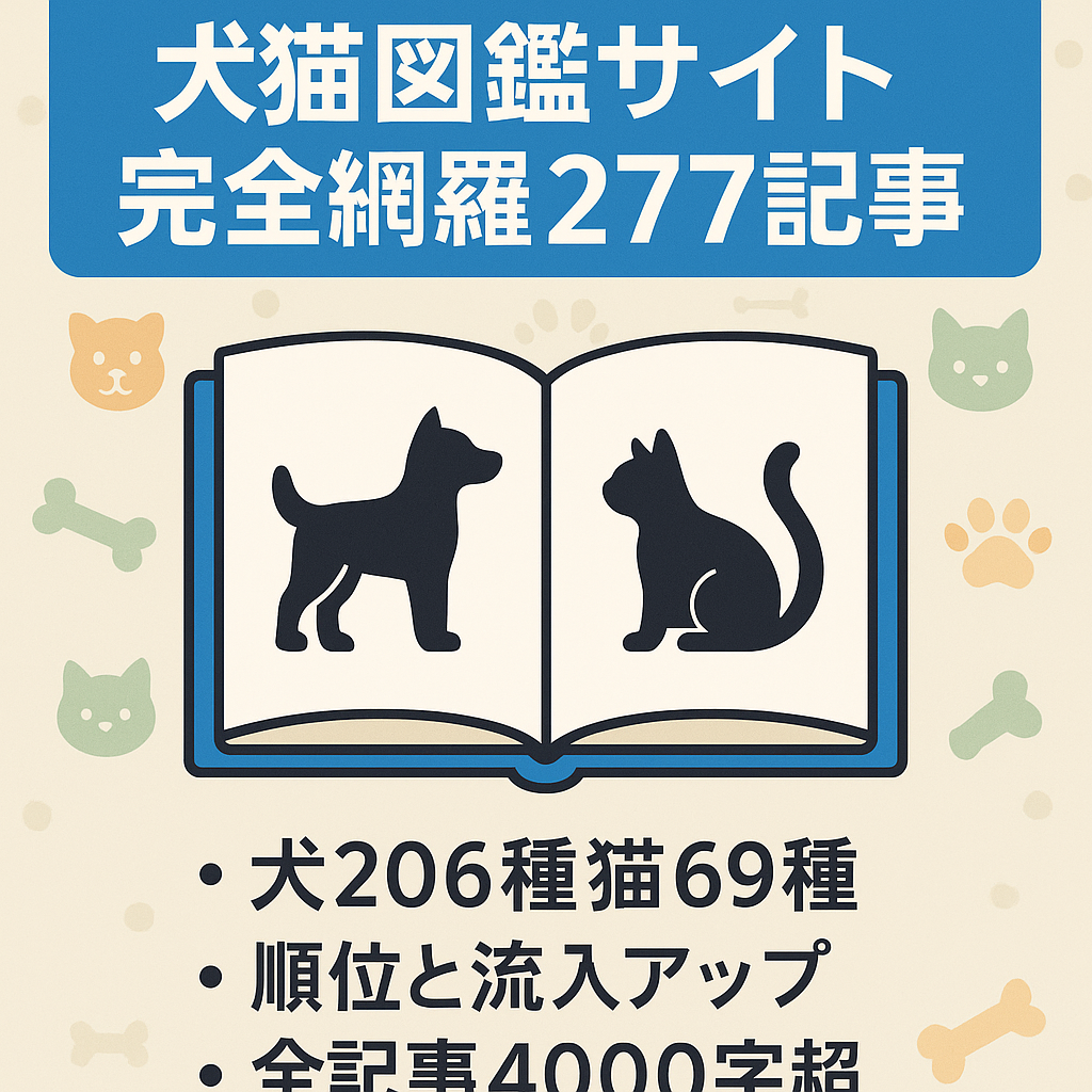 【犬と猫の種類を完全網羅】業界最大のペット図鑑サイト・犬猫の種類名単体で順位上昇・流入増加中【277記事・4,000文字超え高品質】