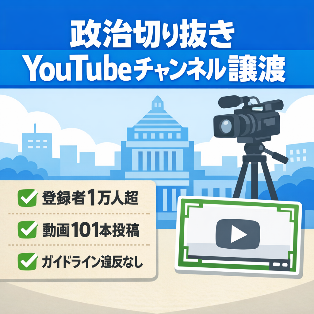 【チャンネル登録者1万人超え！！】政治切り抜きYouTubeチャンネル譲渡、現在ガイドライン違反なし、サムネイルテンプレート・動画素材付き、フル外注可