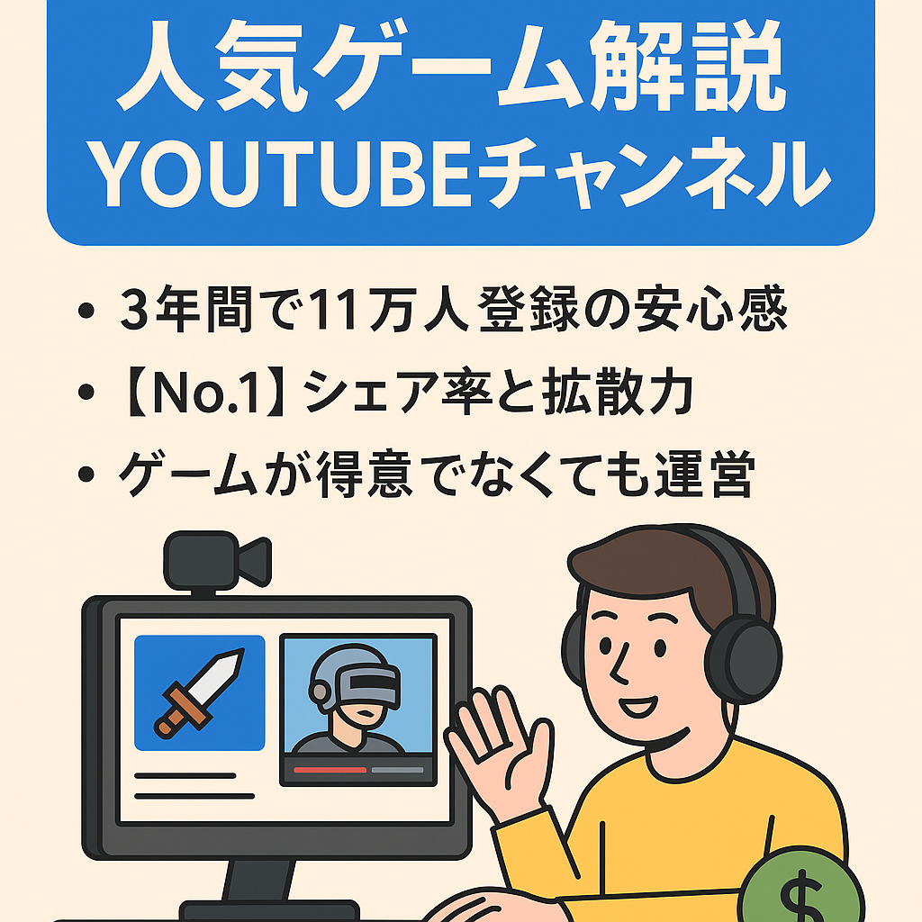 【早い者勝ち！】【1日1時間の作業で最高120万円稼げた、11万人登録チャンネル！若い世代にヒットした大人気ゲーム解説YOUTUBEチャンネル！】