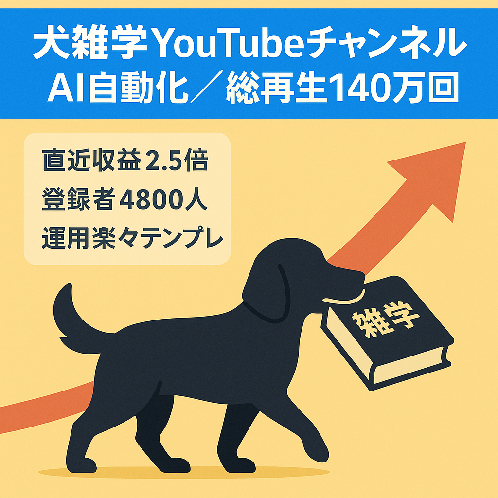 【総再生140万回｜直近2ヶ月収益2.5倍成長の犬雑学チャンネル】4,800人登録・開始7ヶ月でAI自動化テンプレ付で即運用可！