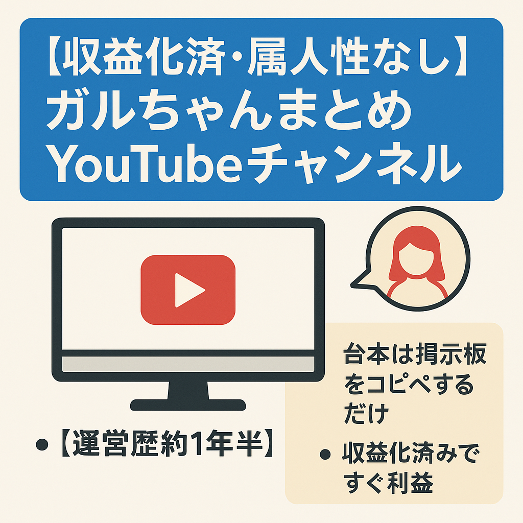 【収益化済・属人性なし】ガルちゃんまとめYouTubeチャンネル・登録者数4100人以上・運営歴約1年半・総再生回数160万回以上【値下げ交渉有り】