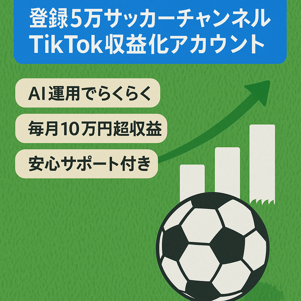 【安心サポート付き】登録者数5万人以上のサッカーチャンネル＆TikTok収益化済み【AI運用/属人性なし/フル外注可】