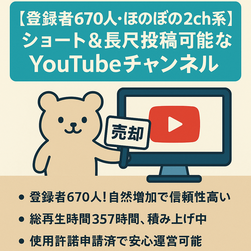 【登録者670人・ほのぼの2ch系】ショート＆長尺投稿可能なYouTubeチャンネル