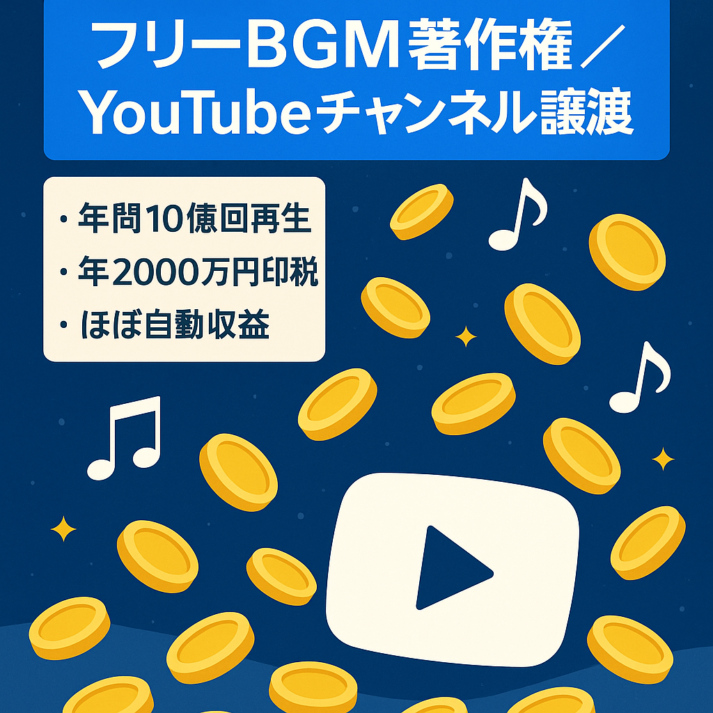 【年間10億再生・印税2000万円】フリーBGM著作権×YouTubeチャンネルのストック型音楽IPを一括譲渡