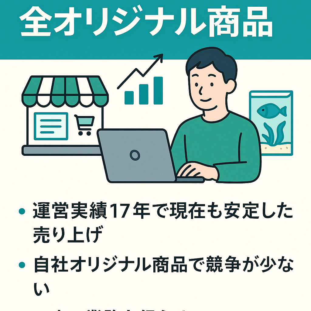 EC事業：【運営実績17年】全オリジナル商品 Amaonストアー アクア関連ペット用品（飼料添加剤）の販売（評価:4.9点/ 件数:980件）半自動化で楽々運営！