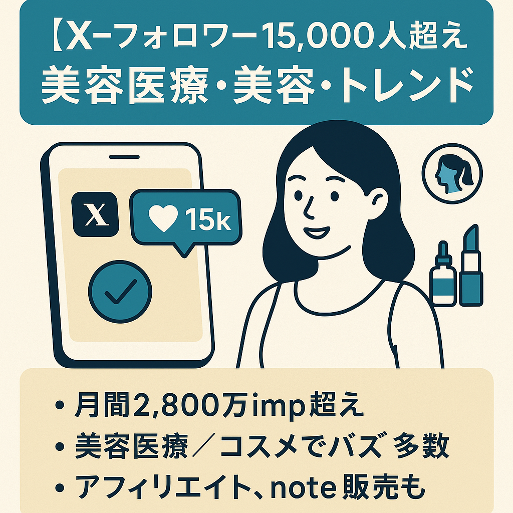 【Xーフォロワー15,000人超え＋美容医療×美容×トレンド】ファン多数/100万imp超え多数/収益方法∞