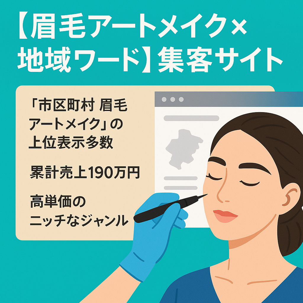 累計売上190万円！SEO上位多数！【眉毛アートメイク×地域ワード】市区町村552ページ、各院の情報63ページによる集客サイト