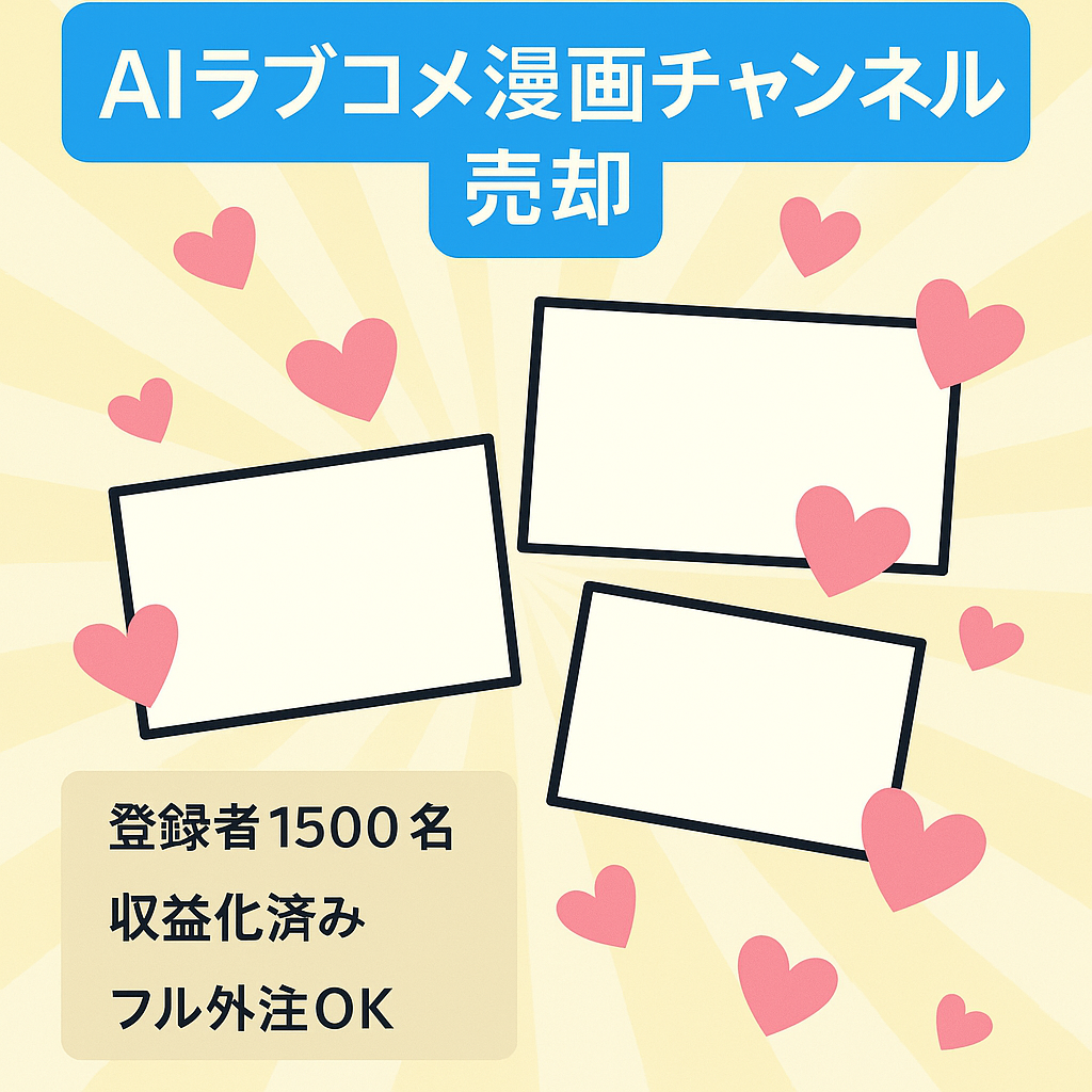 【登録者1500名・収益化済】AIラブコメ漫画チャンネル【フル外注可・外注紹介・タイトル案と脚本ストック付き】