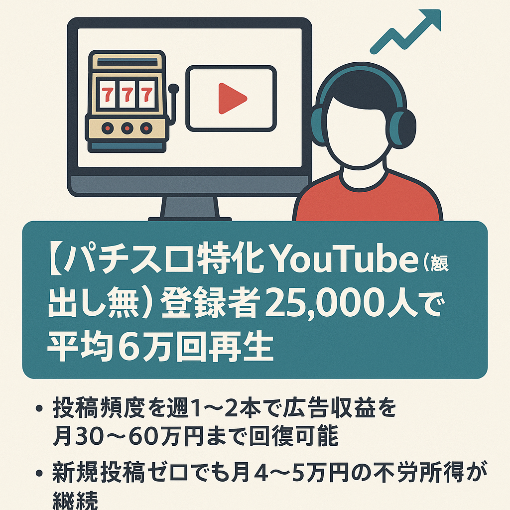 【パチスロ特化Youtube（顔出し無）】登録者25,000 人で平均6万回再生。SEO抜群で月1-2回投稿で平均収益月20万円