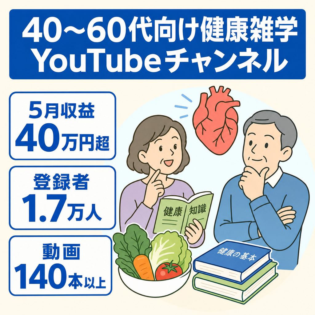 【5月収益40万越え/登録者1.7万人】非属人性の40-60代向け健康雑学チャンネル【動画本数140本越え】