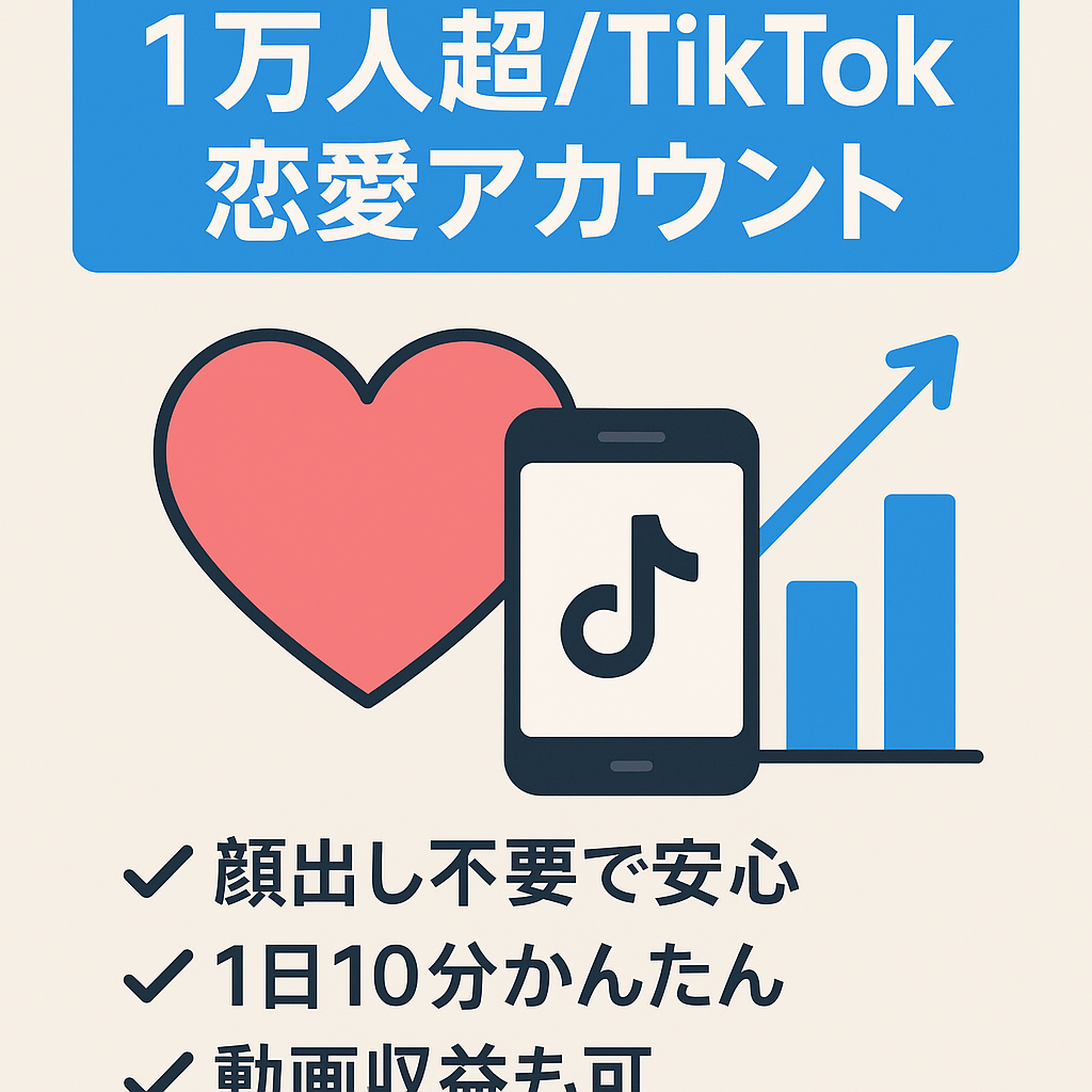 【TikTokフォロワー1万人超え】【早い者勝ち】1日10分の作業でOK！属人性なし恋愛アカウント