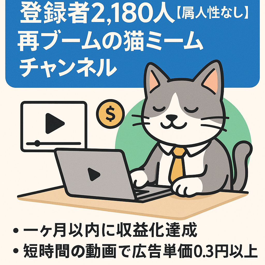 登録者2,180人【属人性なし｜再ブーム到来中の猫ミーム（仕事系）】25日で収益化達成！時間が掛からない簡単な動画構成のチャンネル！