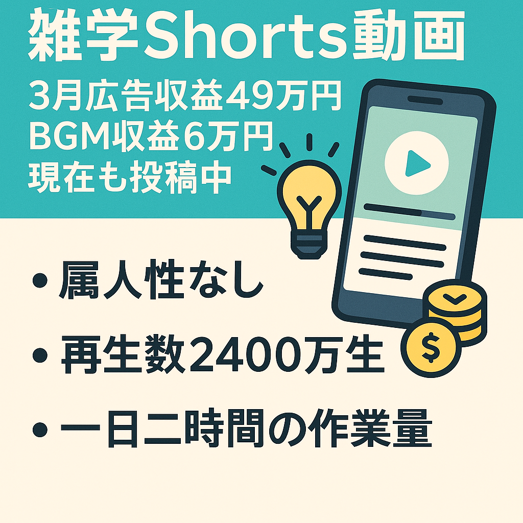 雑学Shorts動画　3月広告収益49万円　BGM収益6万円　現在も投稿中