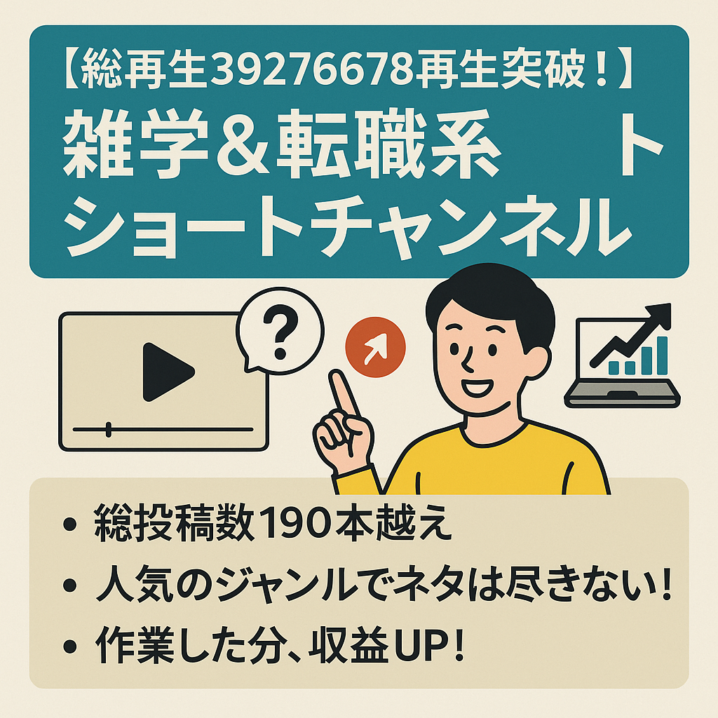 【総再生39276678再生突破！】オリジナルコンテンツで安全運営！非属人的！登録者1万人越えの雑学＆転職系ショートチャンネル！