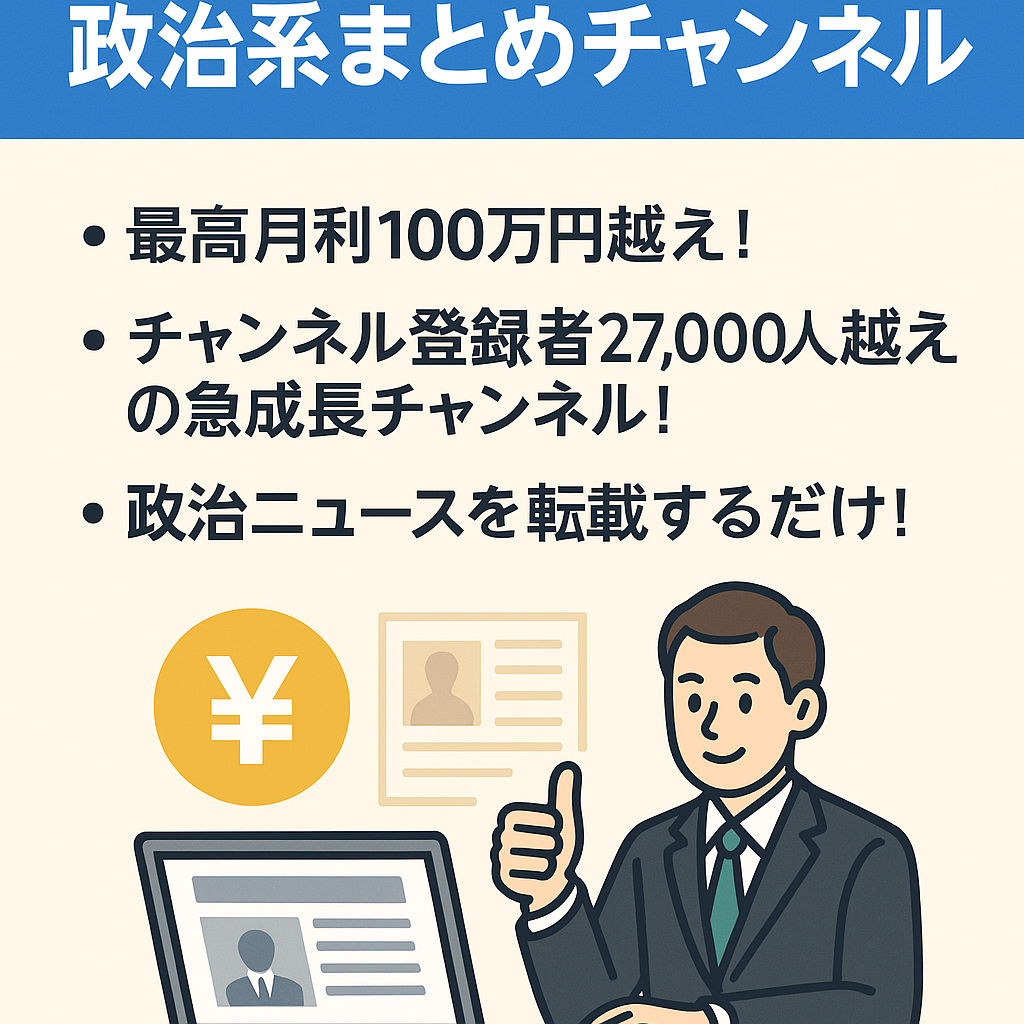 【最高月利100万越え】政治系まとめチャンネル（非属人/ペナルティ歴なし/手厚いサポートあり/外注引き継ぎ可）