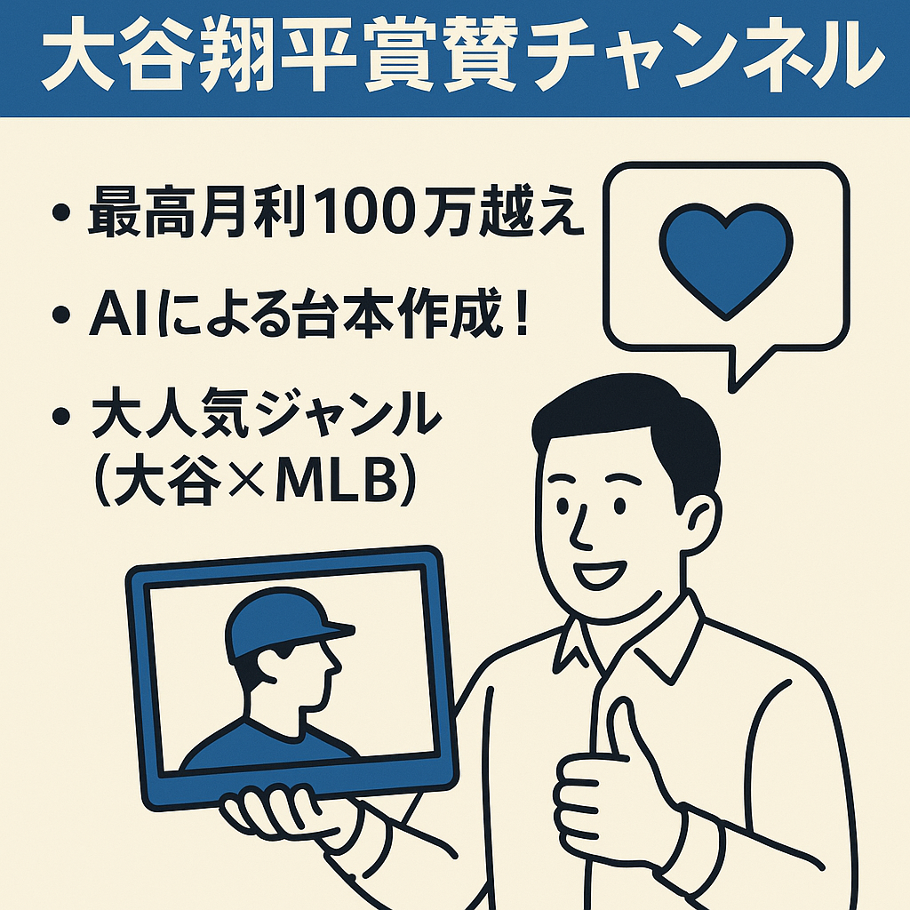 【最高月利100万越え】大谷翔平賞賛チャンネル/８月中であればさらに１０万円値引き（AI自動化/作業時間２時間）