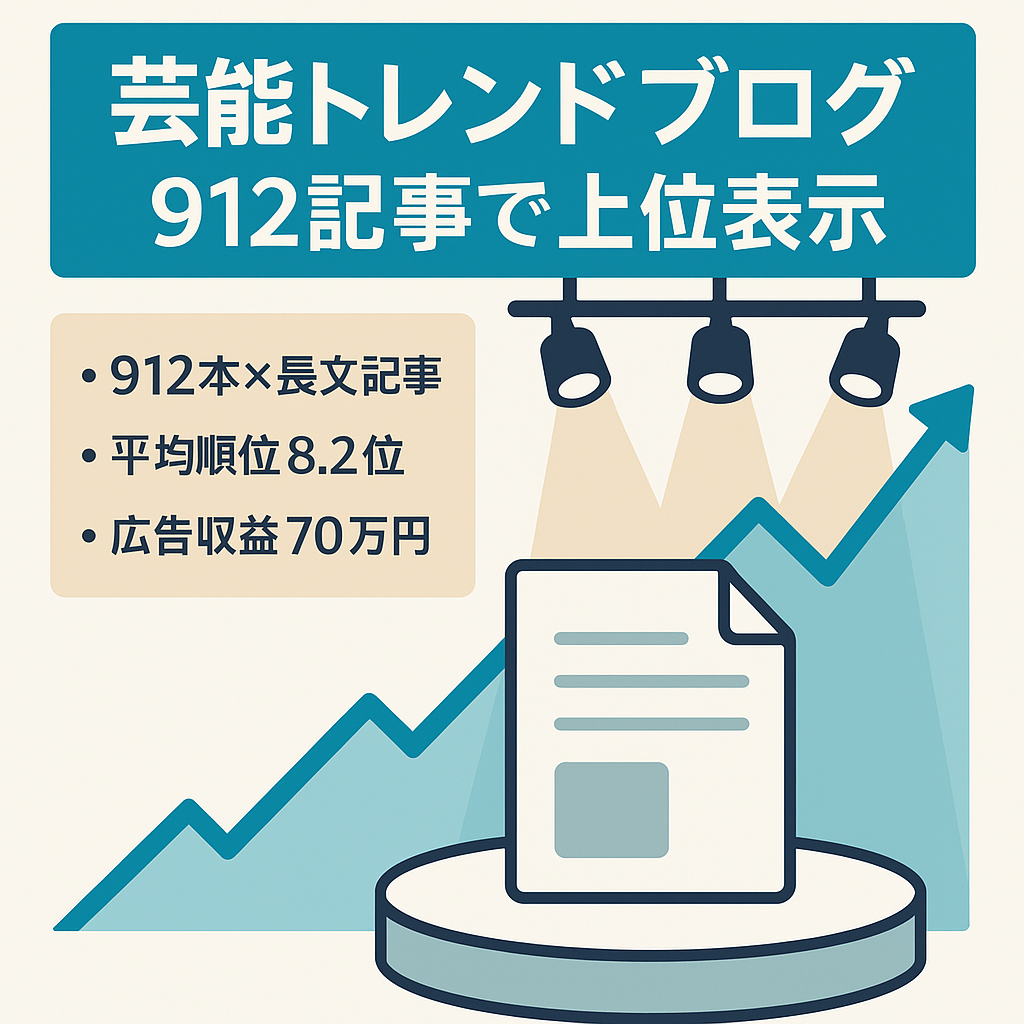 【912記事】芸能トレンドブログ！平均掲載順位8.2位！最高月収70万円！SEO重視で記事作成！