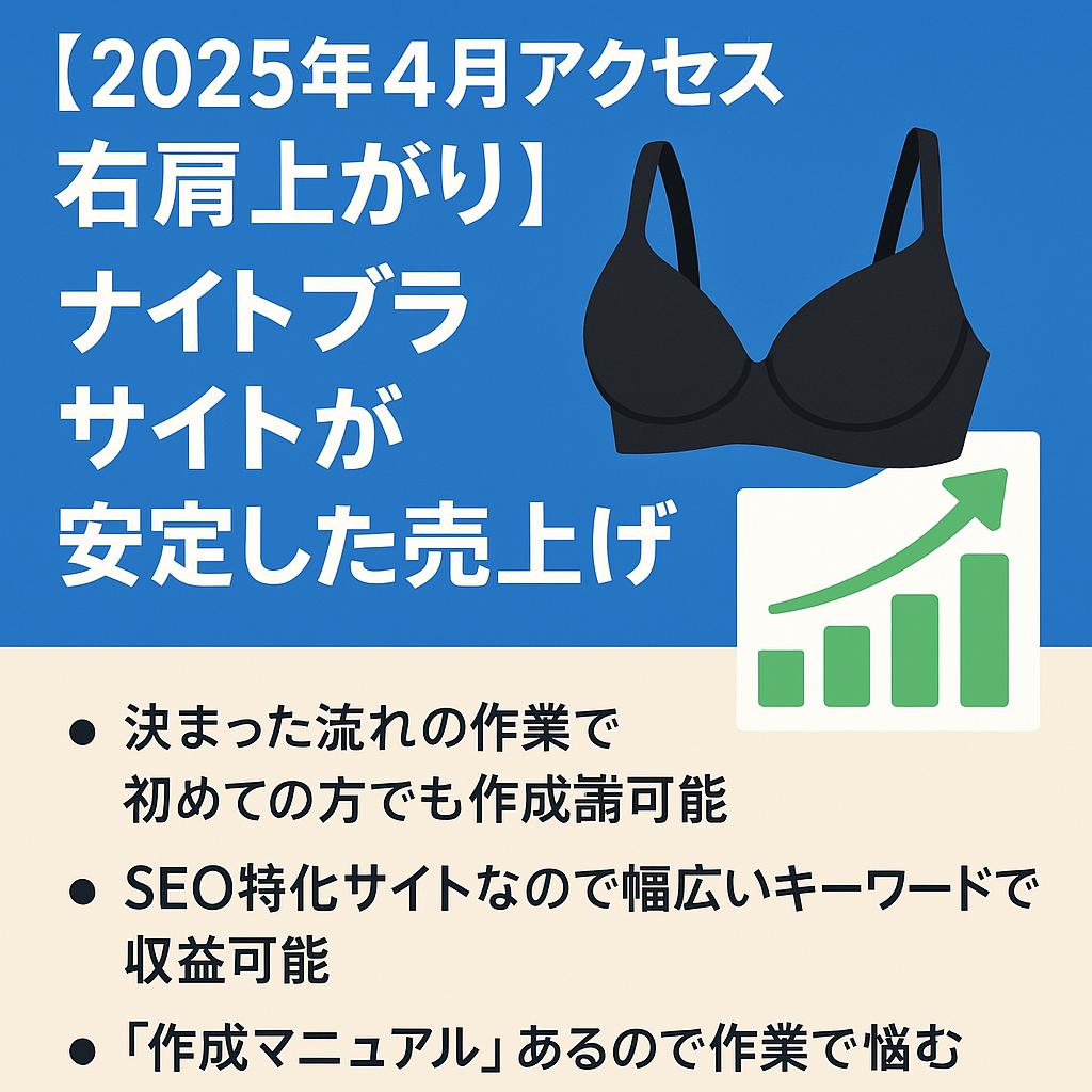 【2025年4月アクセス右肩上がり！（1か月前比較でアクセス＋24％））】8か月のナイトブラ案件の運営でも安定・継続した売り上げ！「記事追加で収益アップが期待できます」