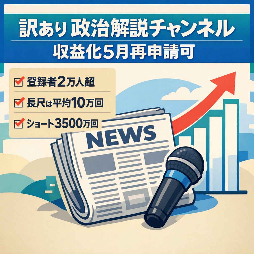 訳あり：【登録者2万人】政治解説チャンネル｜長尺平均10万回再生｜ショート最高3500万回再生｜収益化5月再申請可