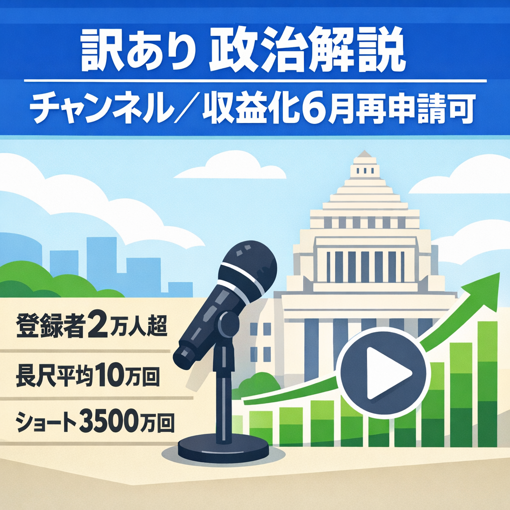 訳あり：【登録者2万人】政治解説チャンネル｜長尺平均10万回再生｜ショート最高3500万回再生｜収益化6月再申請可