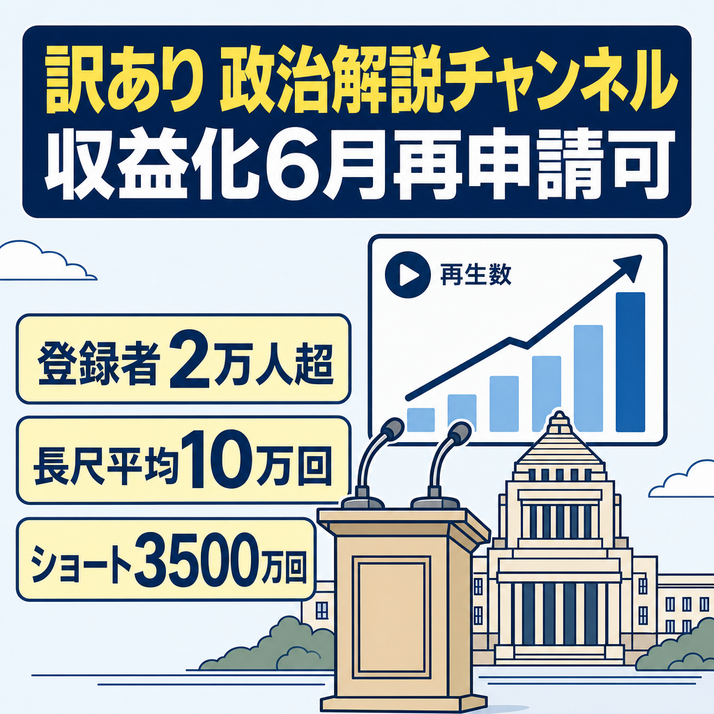 訳あり：【登録者2万人】政治解説チャンネル｜長尺平均10万回再生｜ショート最高3500万回再生｜収益化6月再申請可