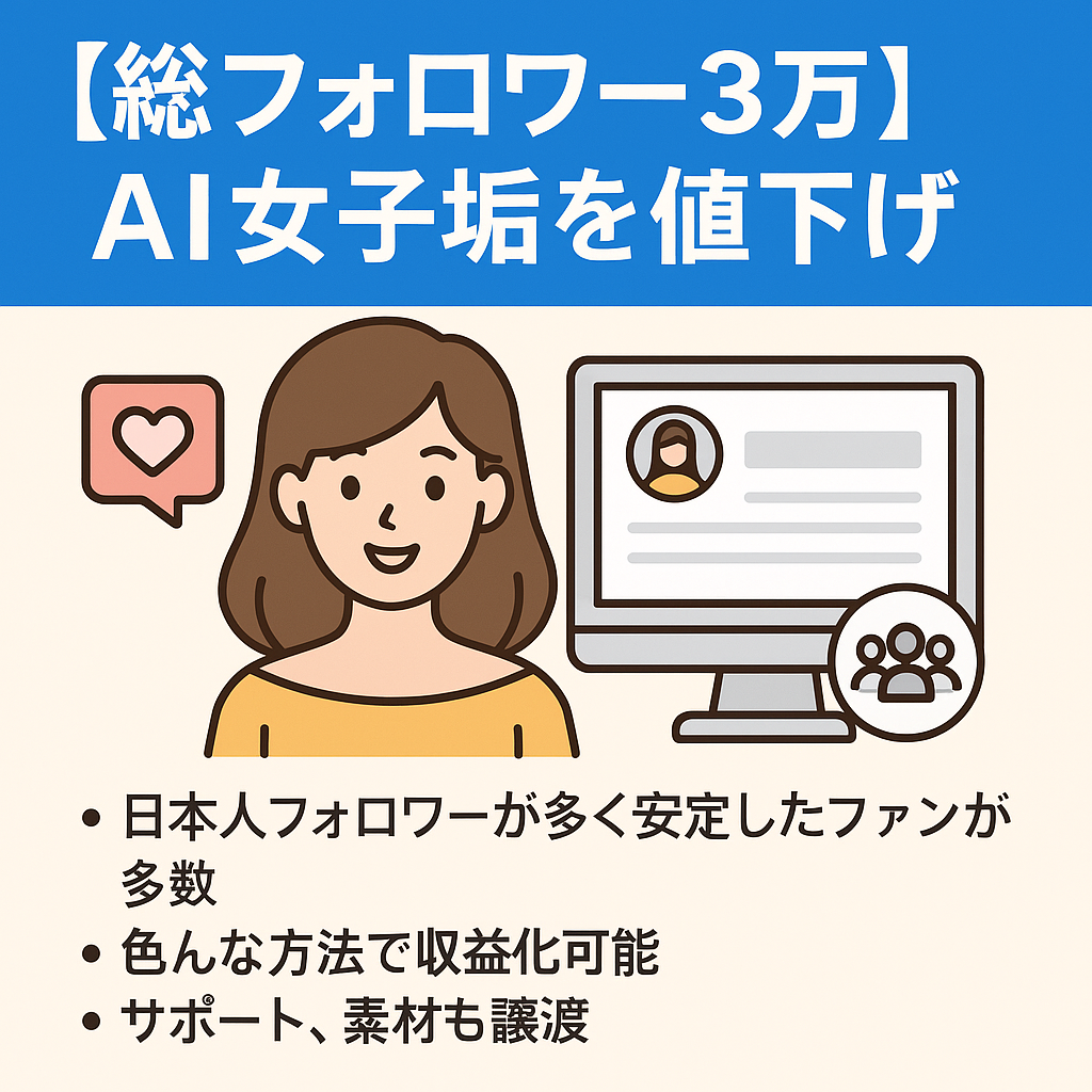【総フォロワー3万】期間限定値下げ/AI女子垢/ファンサイトにて収益化済み/多数の運営方法で収益化可能/購入後サポート、AI素材も譲度