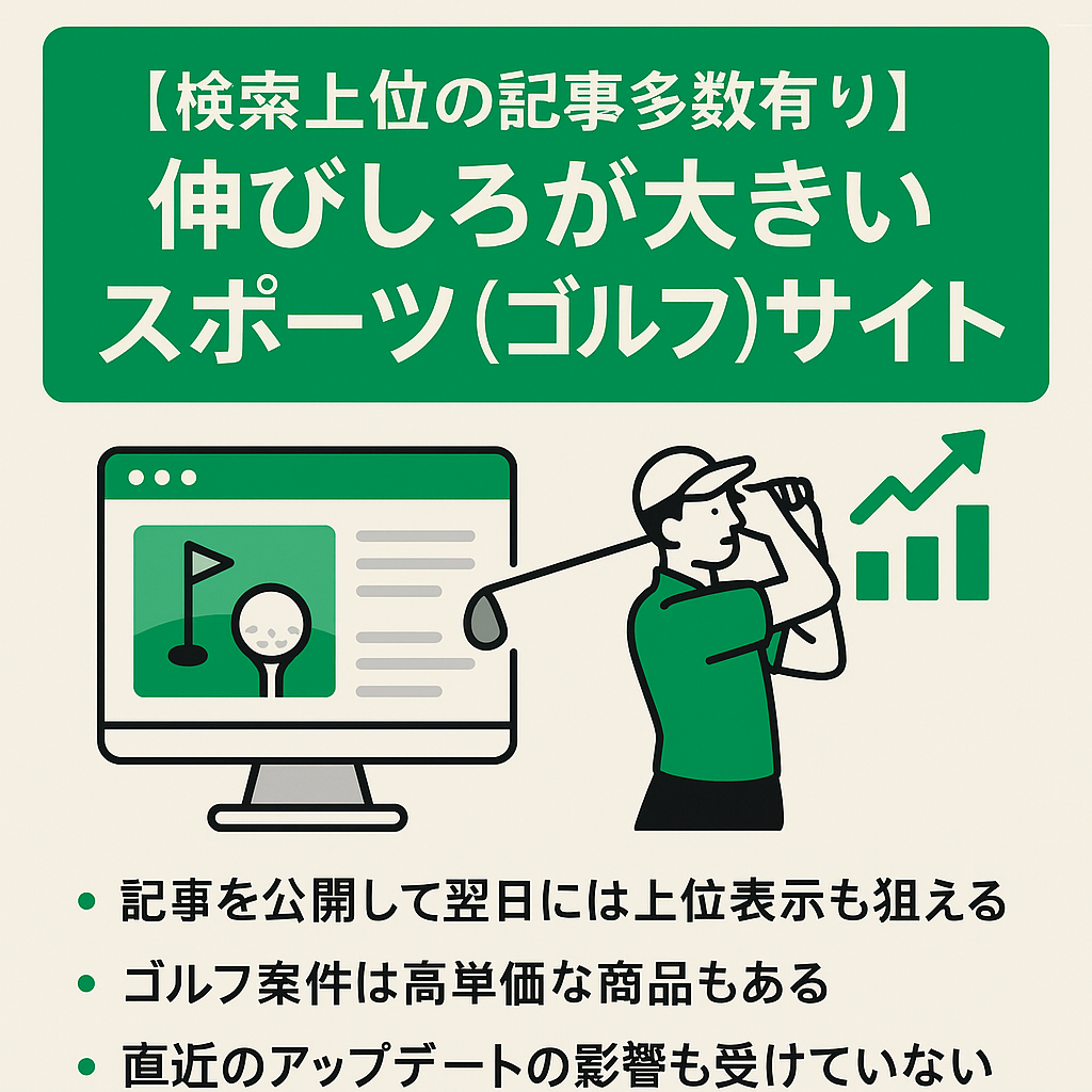 【 検索上位の記事多数有り】伸びしろが大きいスポーツ(ゴルフ)サイト 25記事で16,916PV、14,114UU