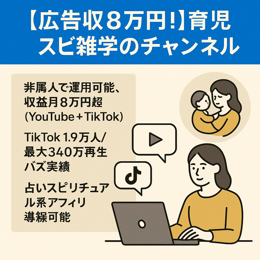 【広告収益8万円！総フォロワー2.1万人】非属人・顔出し不要/育児×スピ雑学チャンネル/収益化済みYouTube（登録者2000人）＆TikTok（フォロワー1.9万人）/急成長中