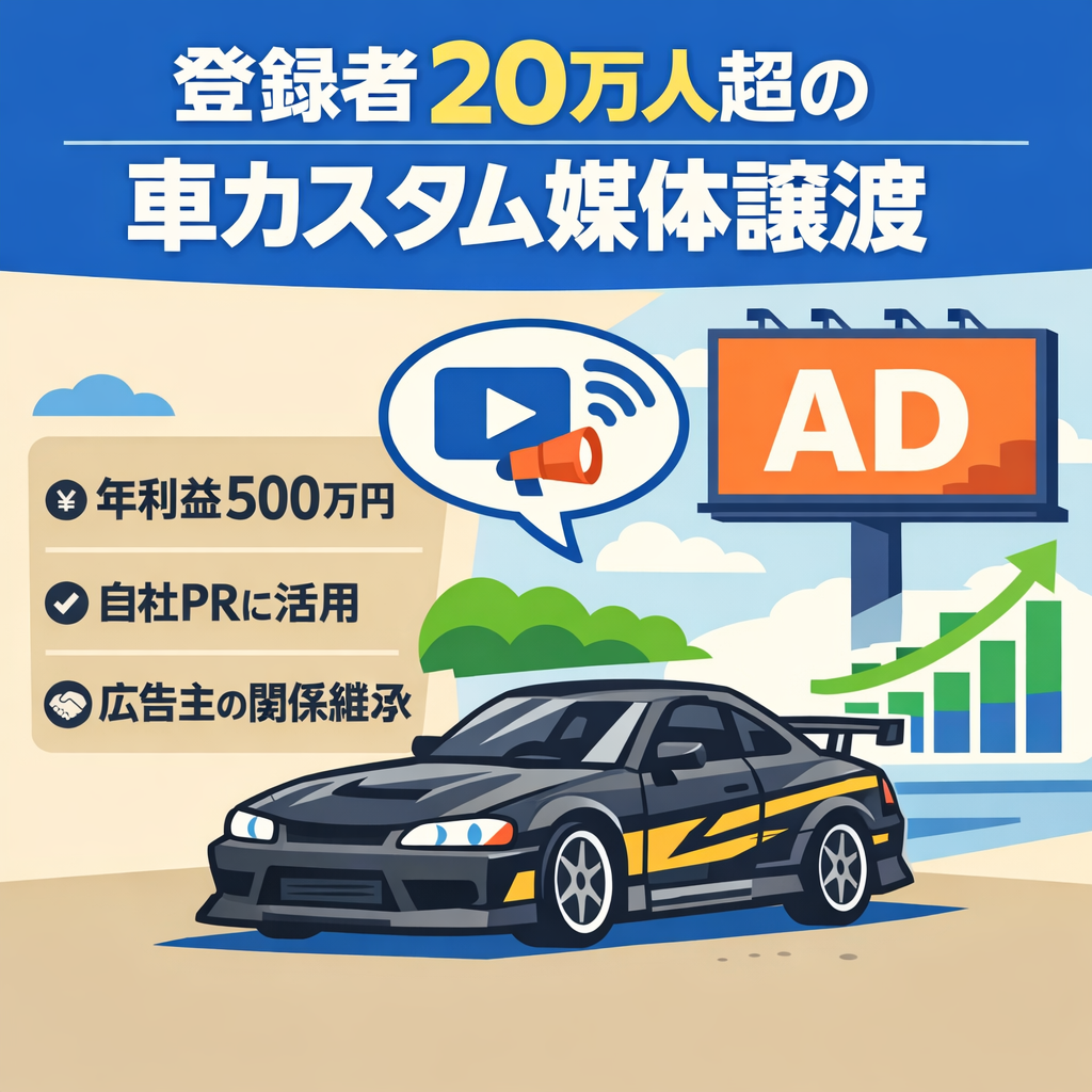 【登録者20万人超・年間利益500万円】自動車・カスタム特化型メディア事業の譲渡