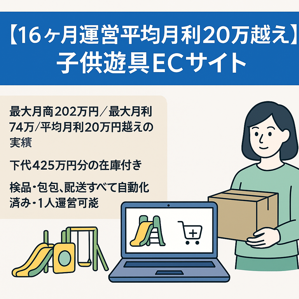 【16ヶ月運営平均月利20万越え】子供遊具ECサイト｜1人運営・在庫425万円分付き・自動化済み・マニュアル完備