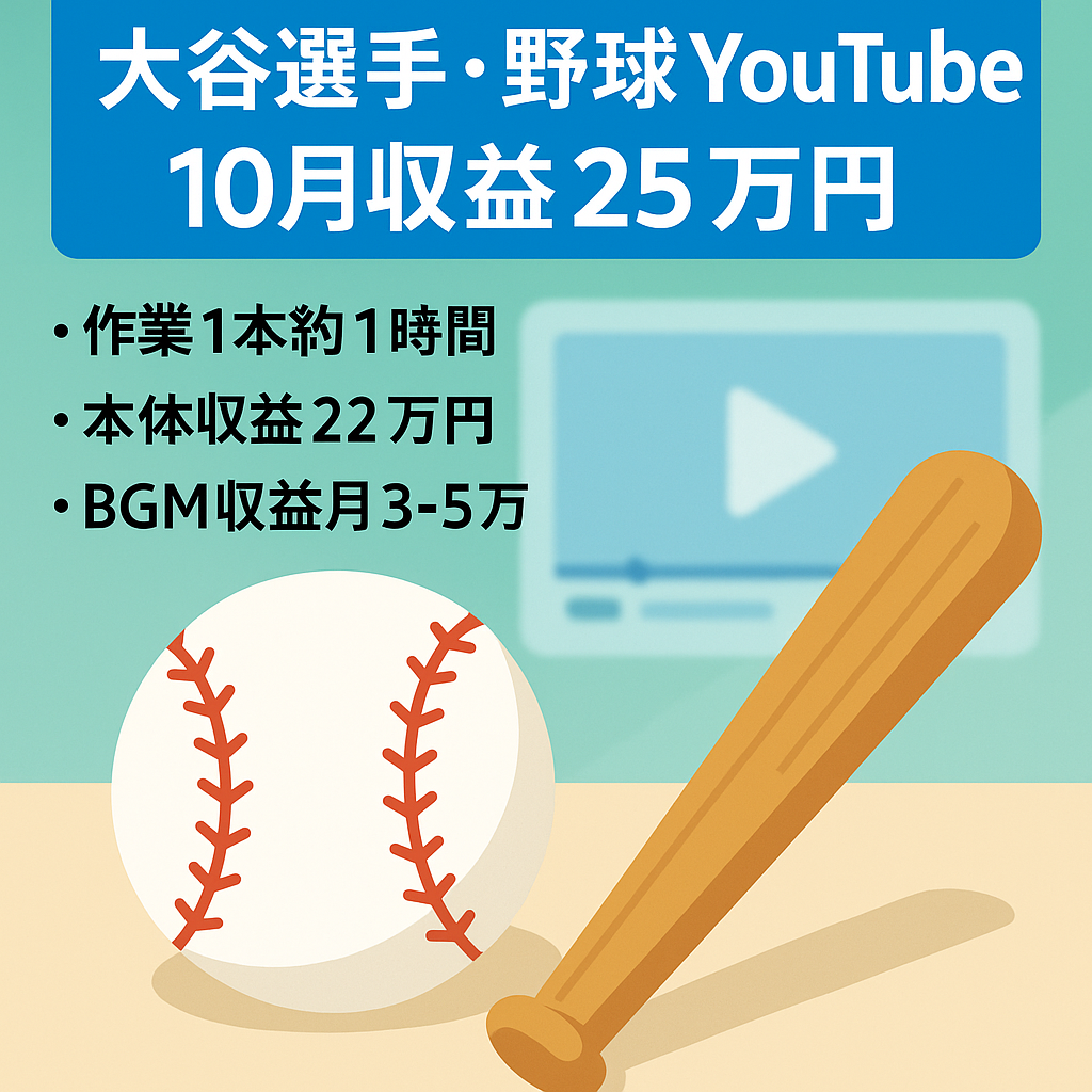 【10月の収益25万円(BGM収益含)】登録者1.4万人以上。野球・大谷選手のチャンネル