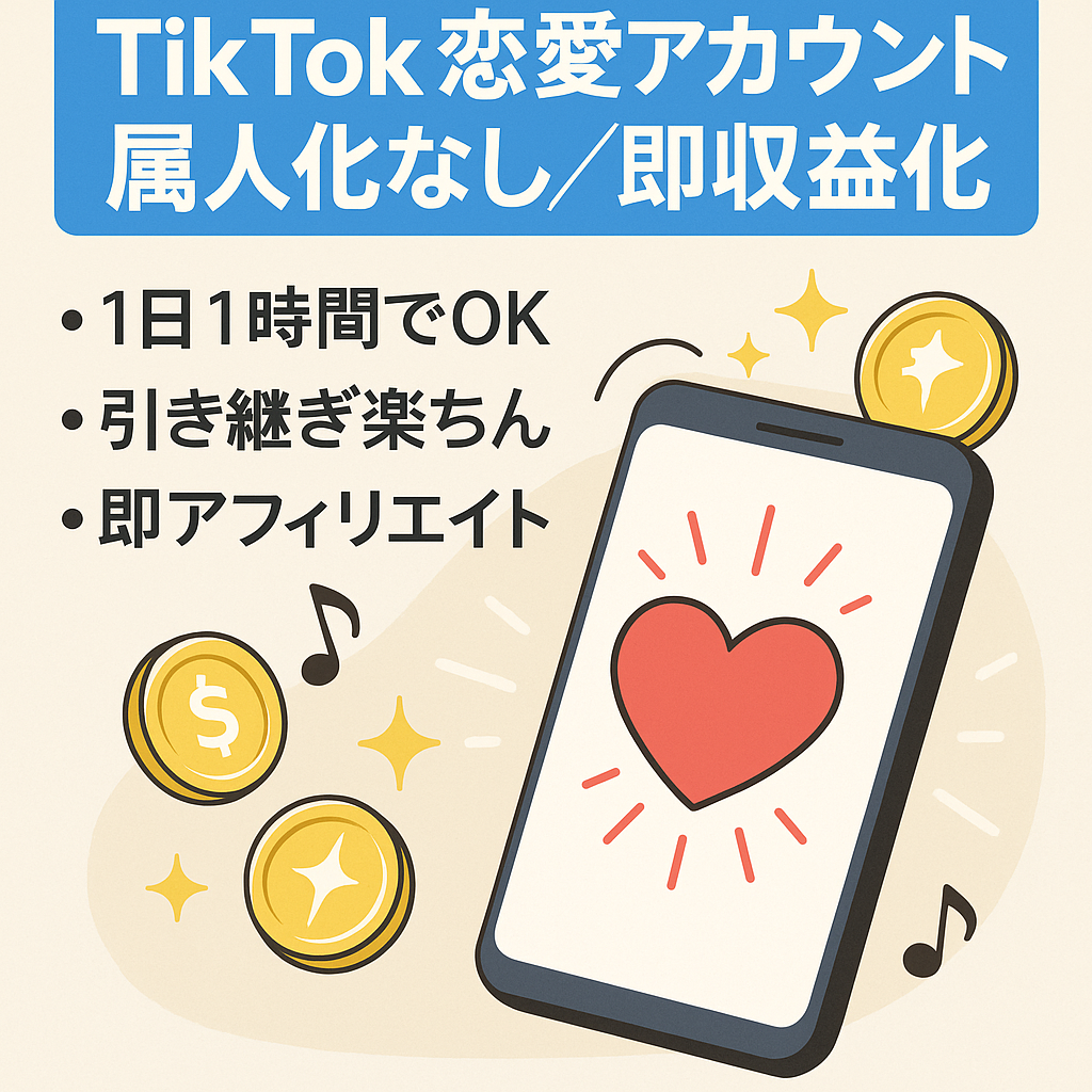 【早い者勝ち】1日1時間の作業でOK！　属人生なしTikTok恋愛アカウント【アフィリエイトメイン】