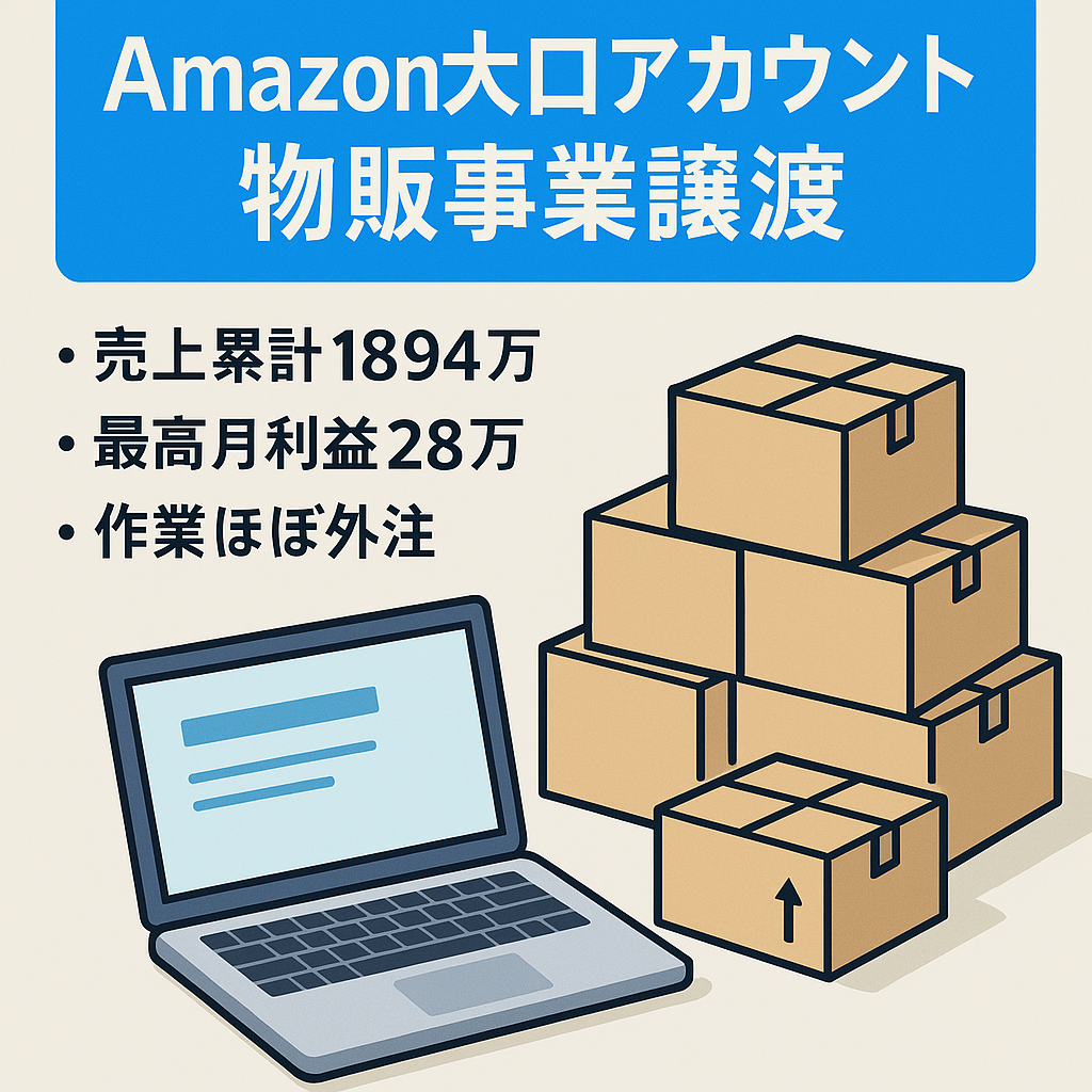 （評価160件99%）2018年10月〜2022年10月までの売上金額　18,945,893  利益額　4,858,315   Amazon大口アカウント事業譲渡　FBA導入　簡易OEM商品　副業にオススメ