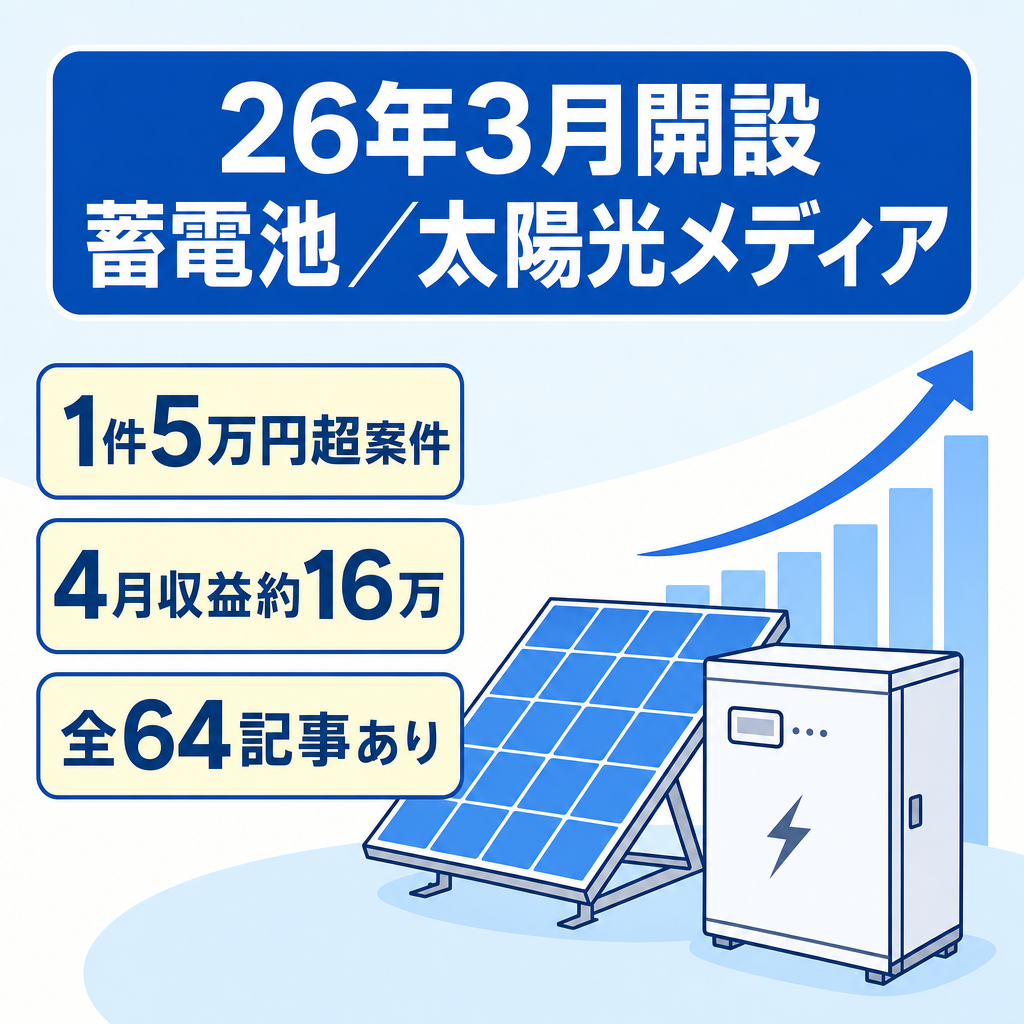 【少PVで4月収益約16万・5月約12万円】26年3月開設！蓄電池・太陽光専門の特化SEOメディア！