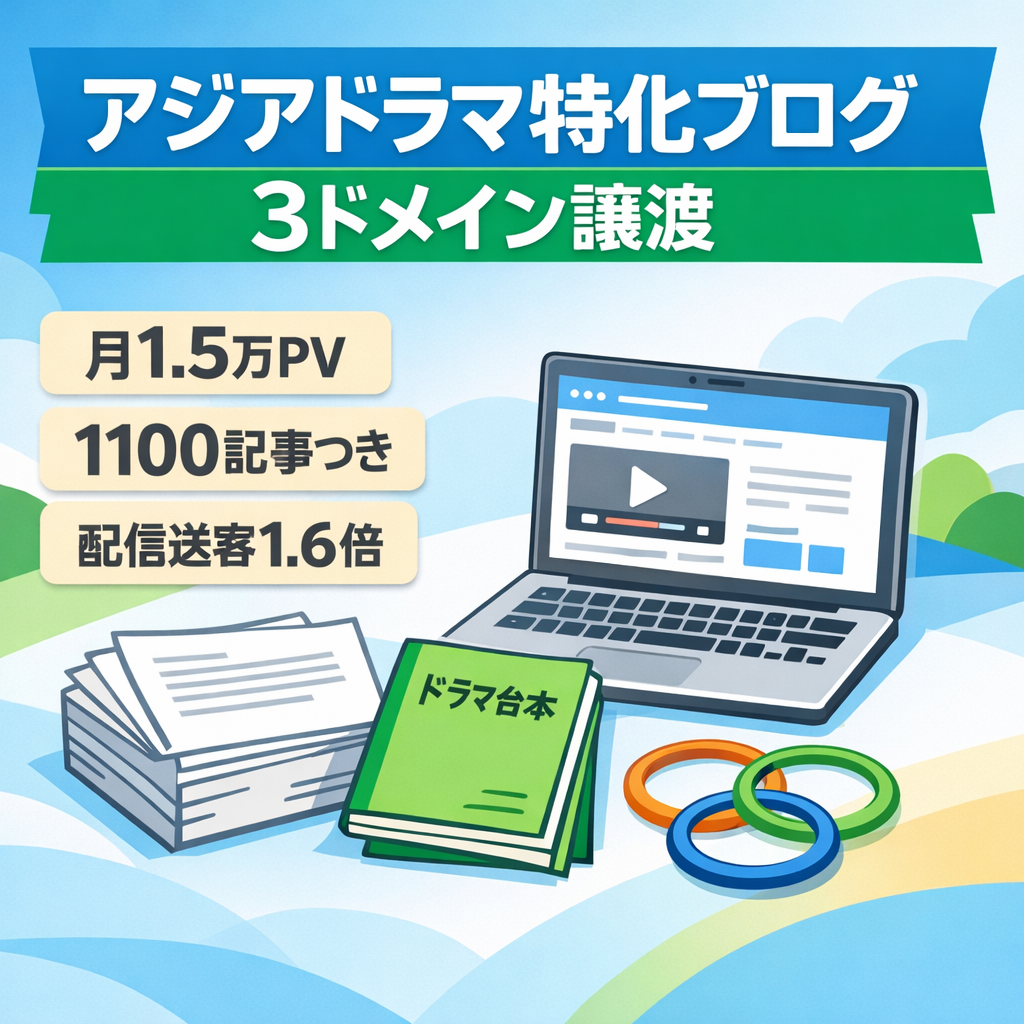 【月1.5万PV/計1100記事】アジアドラマ特化ブログ｜3ドメイン譲渡｜VOD送客改善テスト完了済で横展開可能