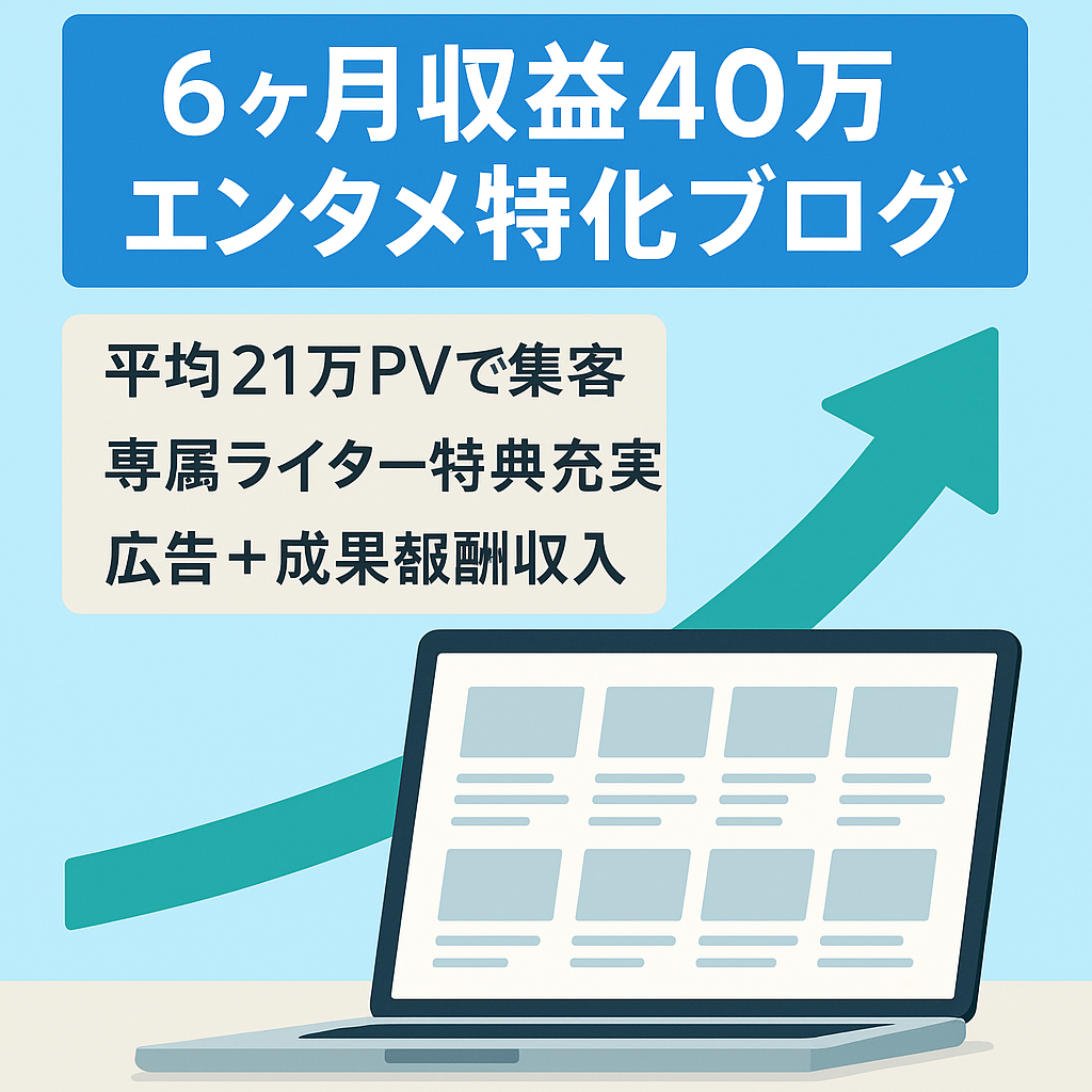 【直近6ヶ月の収益40万円＆平均21万PV】Googleから高評価のエンタメ特化ブログ＜専属ライター＆購入者5大特典＆1ヶ月無料サポート付＞
