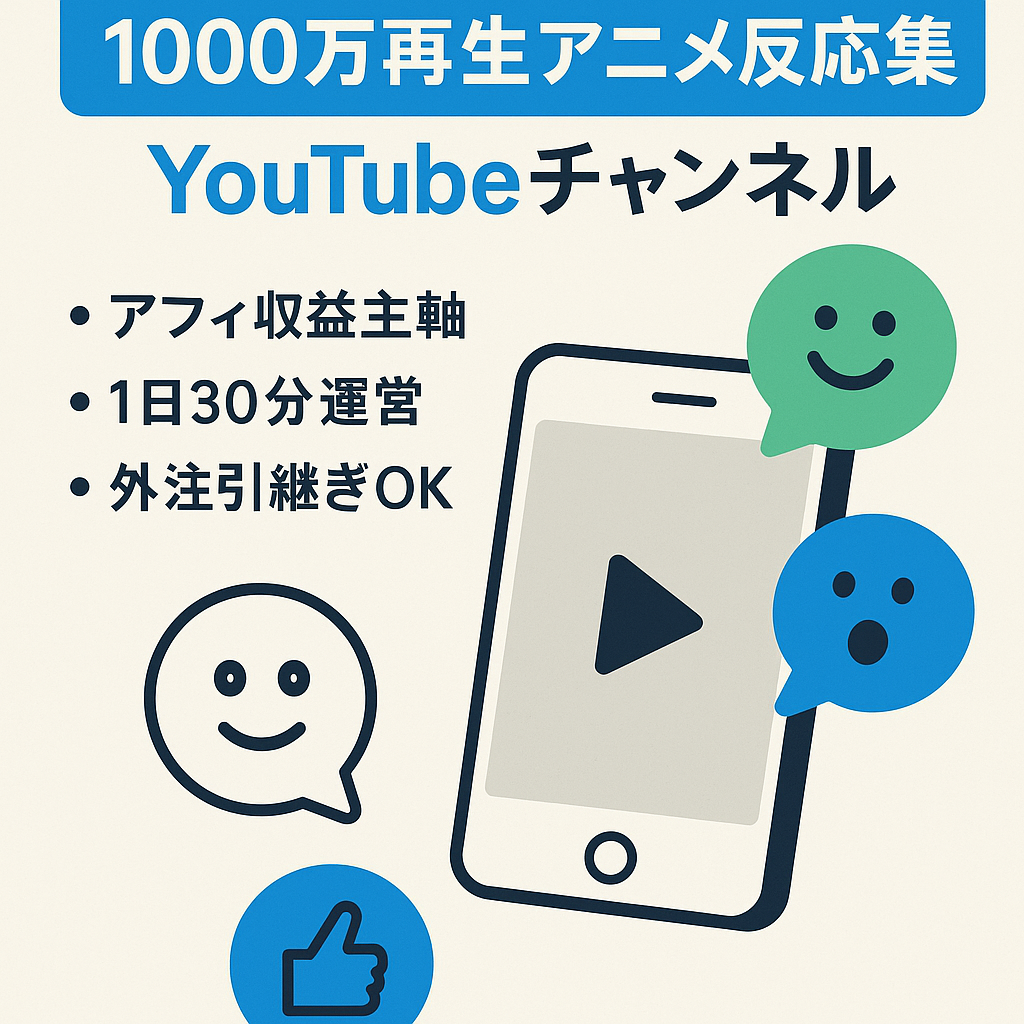 【収益化済み・アフィ収益メイン・警告なし・再生回数1000万回超】アニメ反応集【顔出し不要/属人性なし】1日30分の作業で運営可能【外注引継ぎ可能】