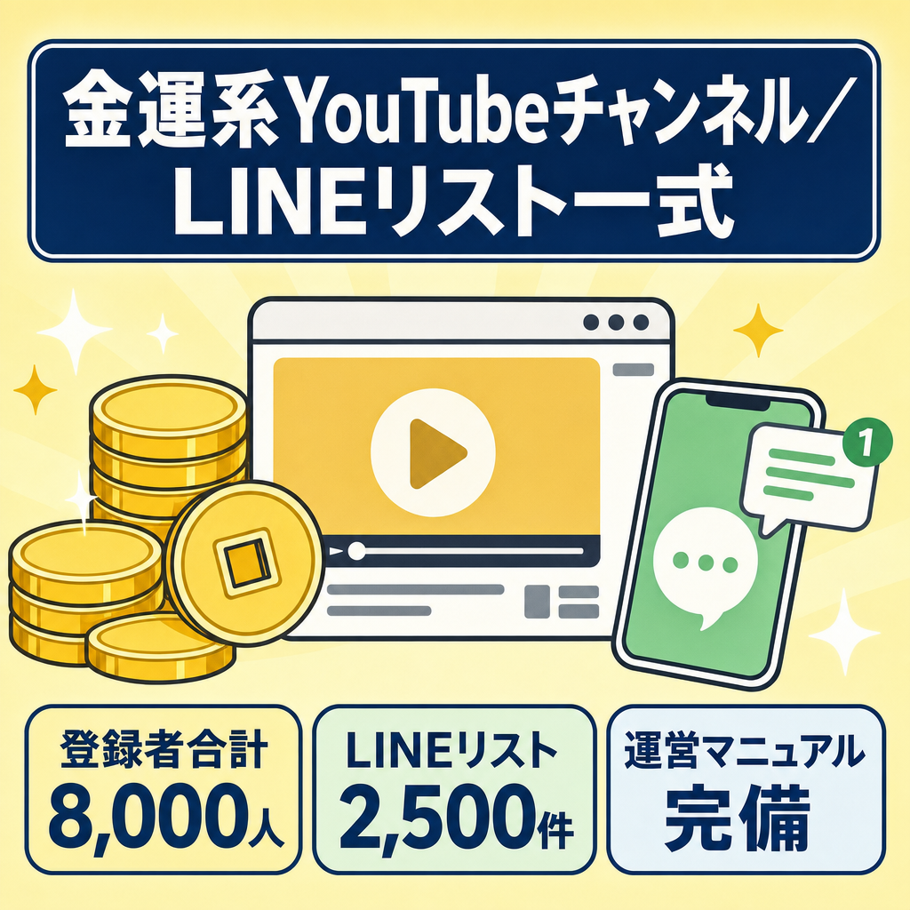 【登録者8,000人】金運系YouTube2ch＋LINEリスト2,500件｜AI運営・完全マニュアル化・収益導線一式