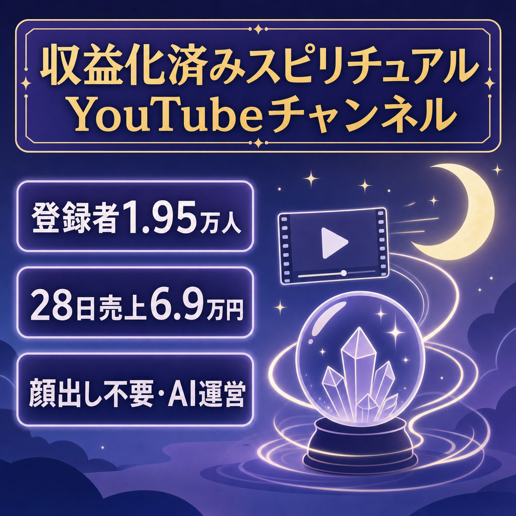 【登録者1.95万人・直近28日売上6.9万円】顔出し不要・収益化済みスピリチュアル系YouTubeチャンネル