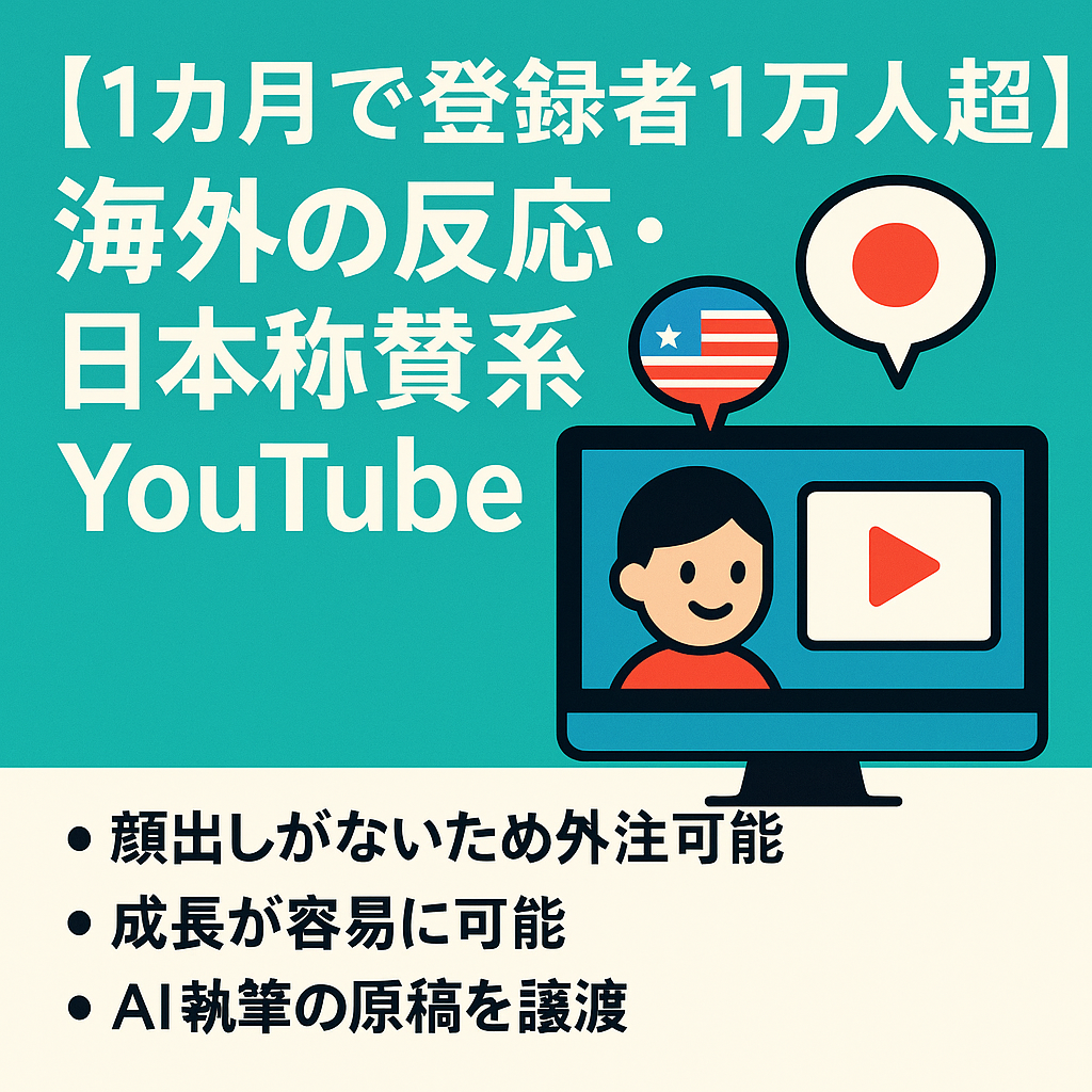 【1カ月で登録者7,000人超 (現在1万人以上)/ 累計120万再生/放置でも月2-3万収益】海外の反応・日本称賛系Youtube  過去動画素材、マニュアル等の全アセットも譲渡