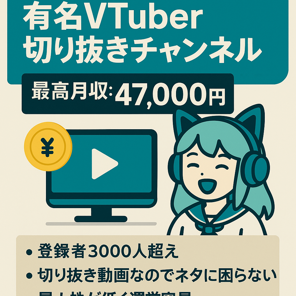 訳あり【早いもの勝ち】最高月収額：47000円　有名Vtuber切り抜きチャンネル