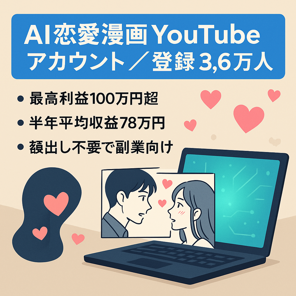 【最高利益100万円越！半年平均収益78万円越え！！登録者数36,000人越！】AI恋愛漫画YouTubeアカウント【ストック・外注スタッフまとめて譲渡】【値段交渉歓迎】