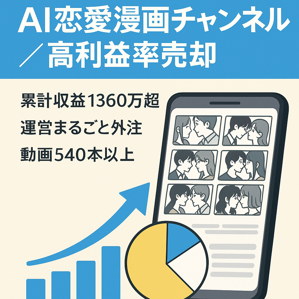 【利益率70%超】月収60万・利益45万のAI恋愛漫画ch。外注体制完備で丸投げ運営可能（急募につき即決価格の相談歓迎）