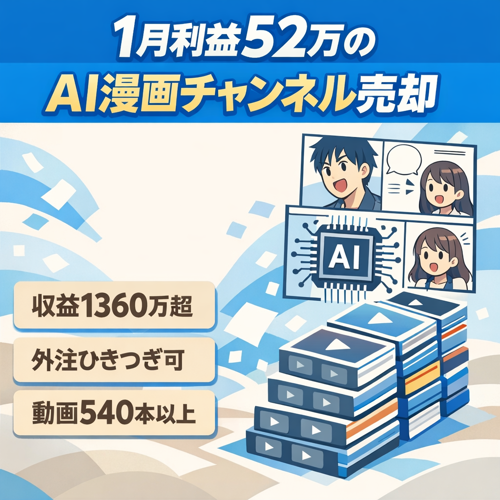 【1月利益52万・利益率82%】累計収益1,400万超、登録者3.8万人のAI漫画ch。外注体制引継ぎ可（早期売却につき価格交渉歓迎）